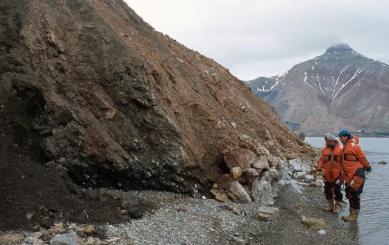 Kullskifer med gipsnoduler. Billefjorden på Svalbard. Foto Winfried Dallmann, Norsk Polarinstitutt.jpg